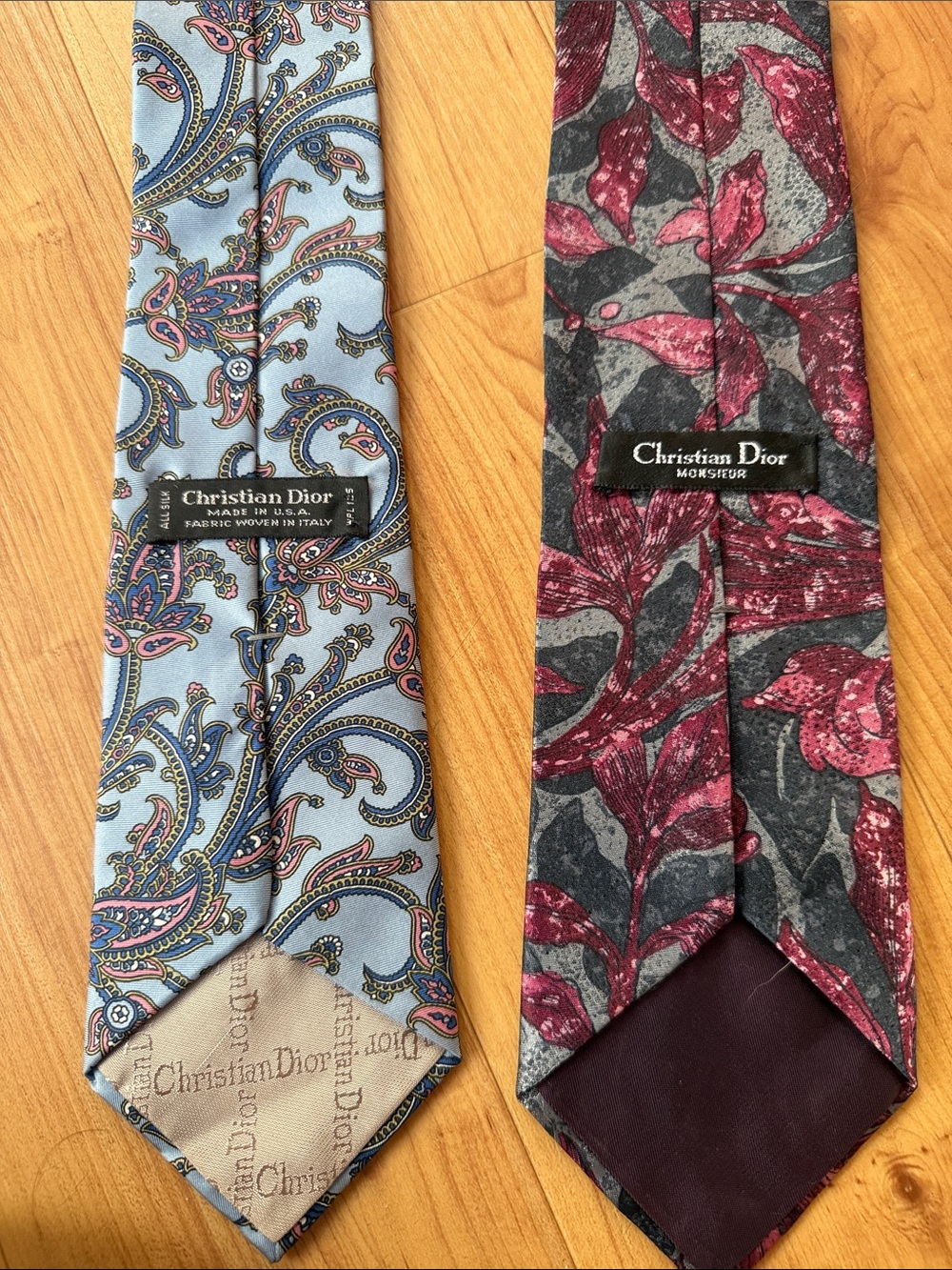 2 Christian Dior Paisley Silk Tie in Light Blue & Burgundy Floral Silk Tie